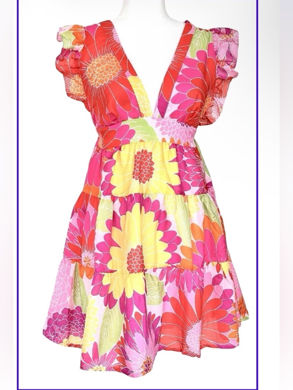 J Marie Leilani Cross Back Tiered Dress Floral V-Neck Mini Dress in Pink & Red - Picture 4 of 4